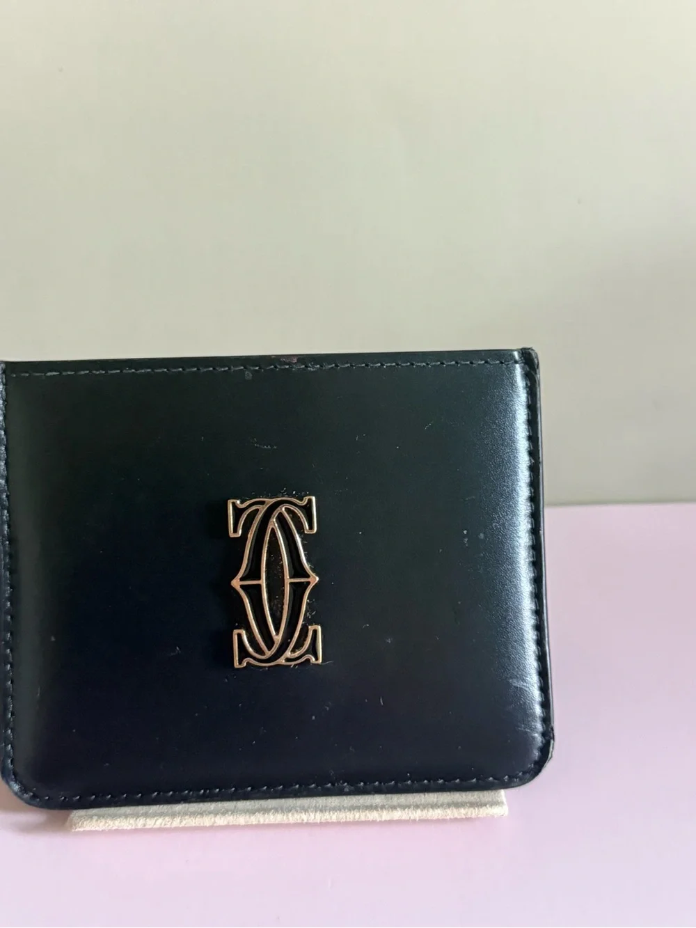 Cartier Black Leather Double C Logo Card Holder Gold Tone